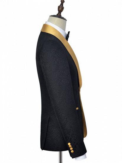 Gold Shawl Lapel One Button Wedding Tuxedo | Black Jacquard Prom Suits_4