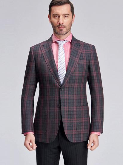 Peak Lapel Patch Pocket Red Plaid Grey Suit Blazer for Men_1