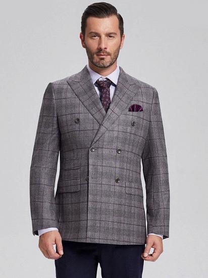 Elegant Grey Plaid Double Breasted Blazer Jacket for Men with Flap Pockets_1