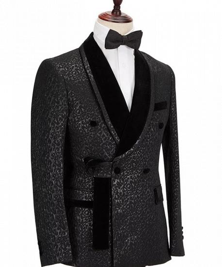 Stylish Velvet Lapel Double Breasted Prom Suit | Belt Leopard Black Jacquard Men's Suit for Wedding_2