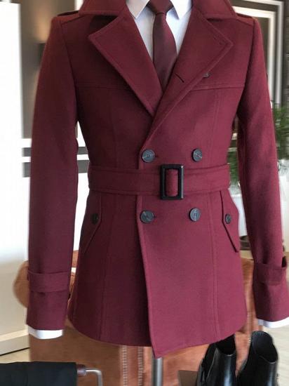Ken Stylish Burgundy Double Breasted With Belt Slim Fit Wool Jacket_2