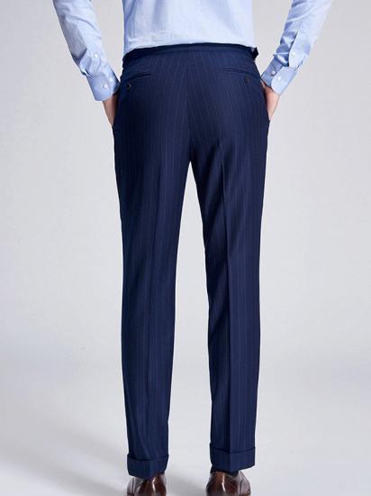 Elegant Light Grey Stripes Flap Pockets Navy Blue Mens Suits for Formal_6