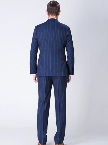 Gentlemanly Blue Wide Stripes Double Breasted Peak Lapel Dark Navy Mens Suits_3