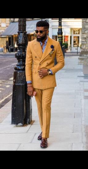 Joshua Chic Yellow Double Breasted Peaked Lapel Bespoke Men Suits_1