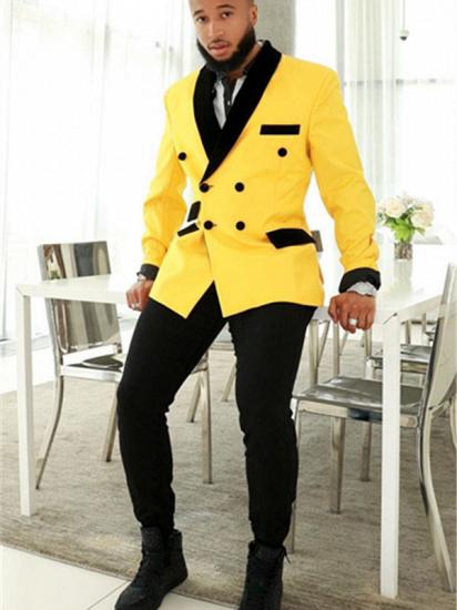 Stylish Yellow Double Breasted Slim Fit Mens Suits with Black Shawl_1