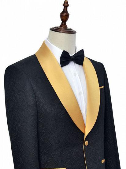Gold Shawl Lapel One Button Wedding Tuxedo | Black Jacquard Prom Suits_3