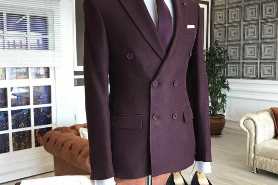 Nathan Burgundy Double Breasted Bespoke Business Suits For Men_2