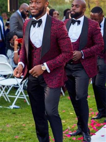 New Arrival Stylish Red Jacquard Three-Piece Shawl Lapel Wedding Groomsmen Suits Online_1