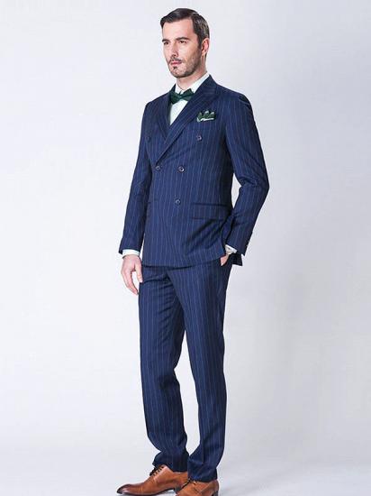Gentlemanly Blue Wide Stripes Double Breasted Peak Lapel Dark Navy Mens Suits_2
