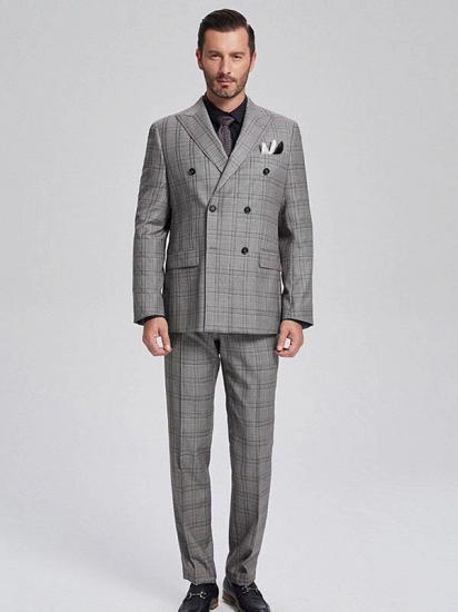 Vintage Peak Lapel Double Breasted Checked Grey Mens Suits for Business_1