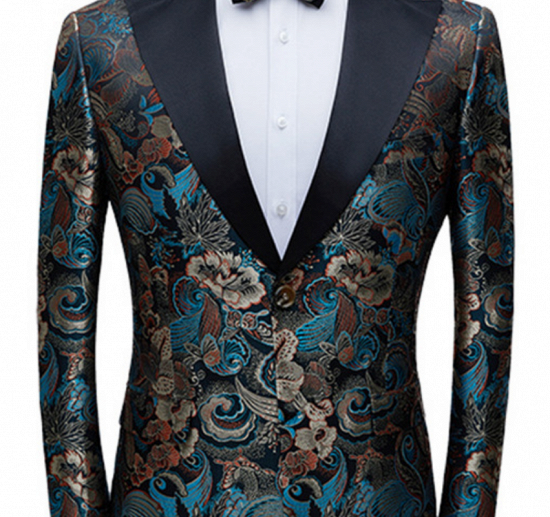 Multicolors Peak Lapel with Black Satin Wedding Tuxedos | Vintage Jacquard Men's Prom Suits_1