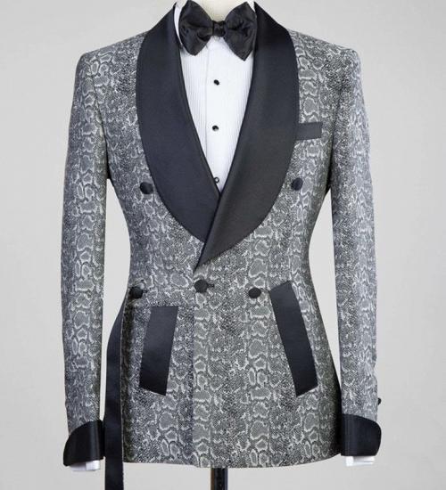Khalil Gray Double Breasted Jacquard Wedding Men Suits with Black Lapel_1