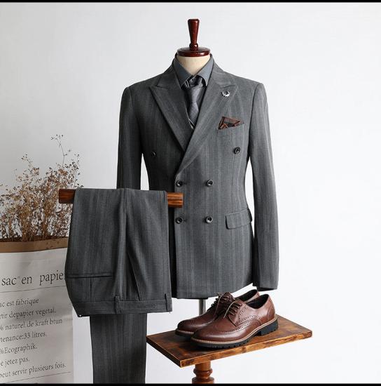 Mason New Arrival Gray Stripe Peaked Lapel Double Breasted Business Men Suits_2