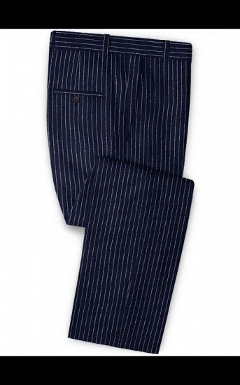 Latest Dark Blue Linen Formal Tuxedo | Business Striped Two Pieces Men Suits_3