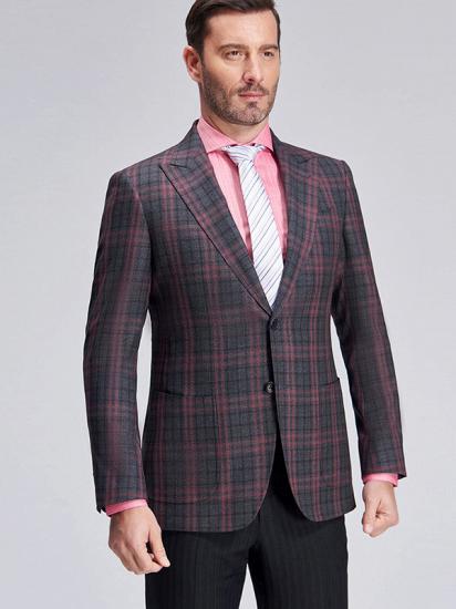 Peak Lapel Patch Pocket Red Plaid Grey Suit Blazer for Men_2