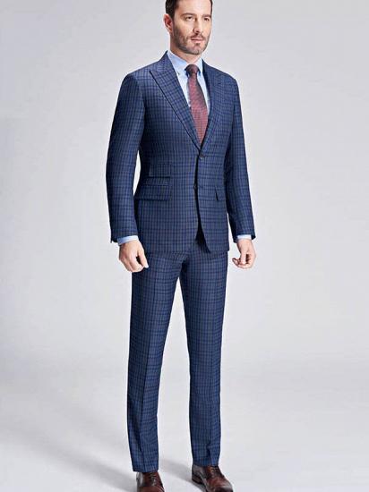 Small Checked Pattern Gentle Mens Suits | Peak Lapel Blue Suits for Men_4