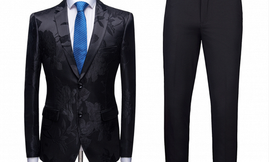 Stylish Notched Lapel Two Buttons Men's Suits | Floral Jacquard Black Wedding Tuxedos_3