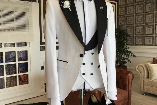 Leo Stylish White 3-Pieces Black Peaked Lapel Double Breasted Waistcoat Bespoke Business Suits_2