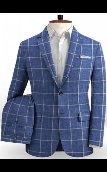 Blue Business Two Pieces Men Suits | Linen Plaid Tuxedo_2