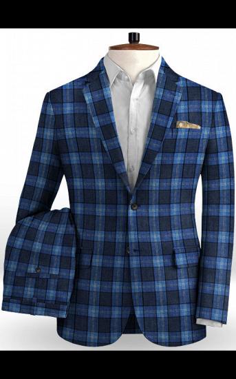 Bespoke Blue Plaid Linen Men Suits | Formal Business Tuxedo with Two Pieces_2