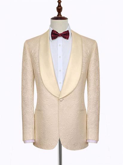 Noble Champagne Jacquard Wedding Tuxedos for Groom | Silk Shawl Lapel Prom Suits_3