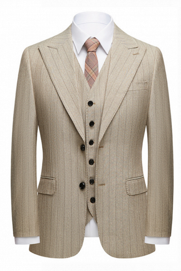 Gentle Khaki Striped Peak Lapel Formal Men's Suit for Business_1