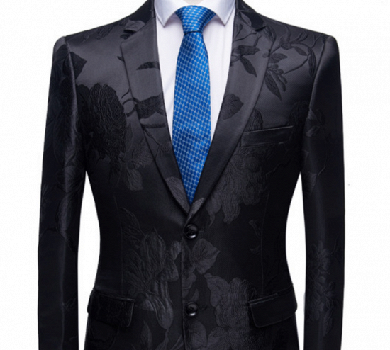 Stylish Notched Lapel Two Buttons Men's Suits | Floral Jacquard Black Wedding Tuxedos_1