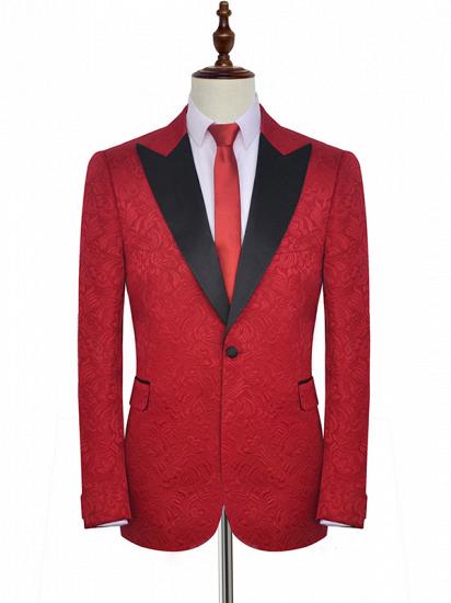Bright Red Jacquard Peak Lapel with Black Silk Unique Mens Suits