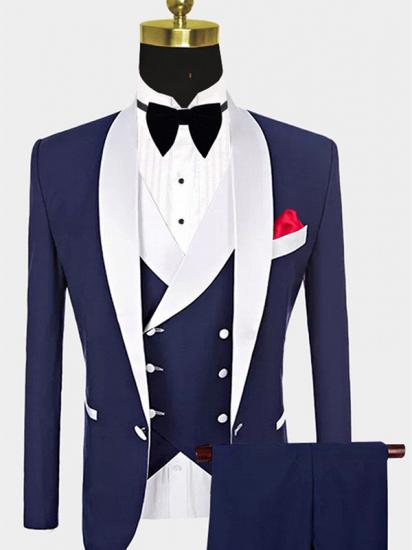 Navy Blue Groomsmen White Shawl Lapel | One Button Wedding Tuxedos 3 Pieces_1