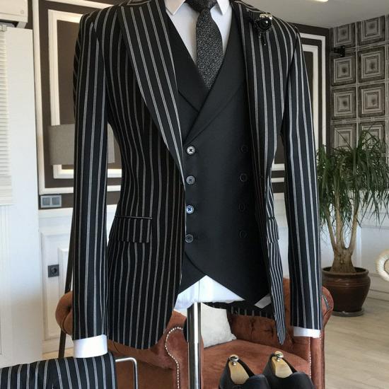 Levi Fashion Black And White Striped 3-pieces Peaked Lapel Suits For Men