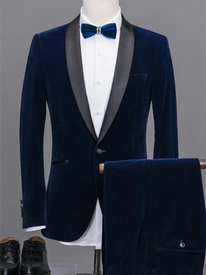 Navy Blue Shawl Lapel Velvet Prom Suits | 2020 Best Man Tuxedos 2 Pieces