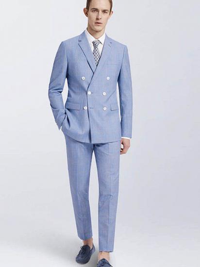 Light Blue Plaid Mens Leisure Suits | Double Breasted Suits for Men with Notch Lapel_1