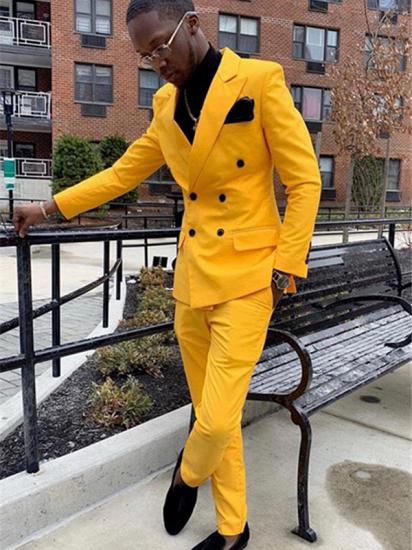 Yellow Double Breasted Slim Fit Peaked Lapel Mens Suits_1