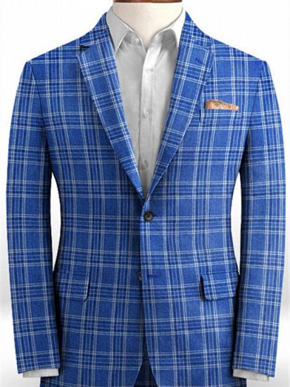 Ocean Blue Plaid Business Men Suits | Formal Linen Notch Lapel Tuxedo_1