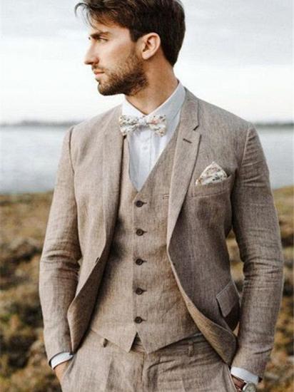 Khaki Linen Summer Beach Mens Classic Suits | 2020 Groom Wedding Tuxedos with 3 Pieces_3