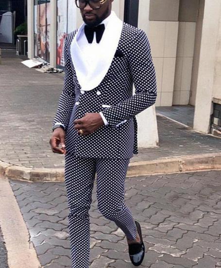 Fashion Black Dot Double Breasted Mens Suit Online with White Lapel